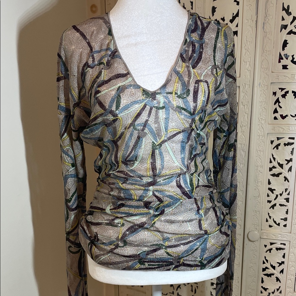 Missoni Multi-Color Sheer Metallic V-Neck Long Sleeve Top